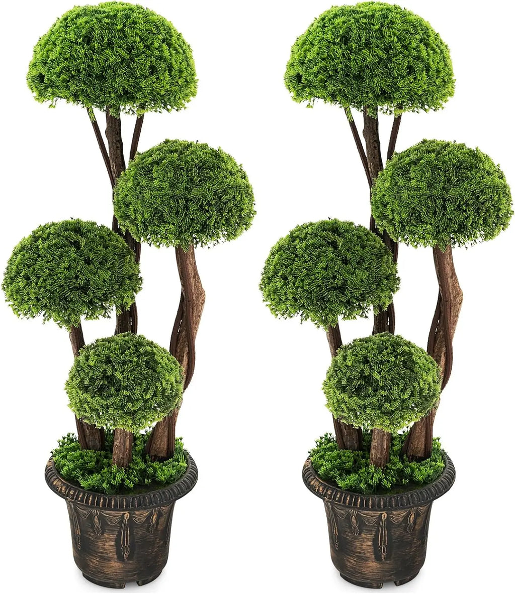 Artificial Cypress Topiary Ball Tree, 2 Pack 3 Ft Tall Artificial Plant, Indoor/Outdoor Topiary Trees with Golden Cement Pot