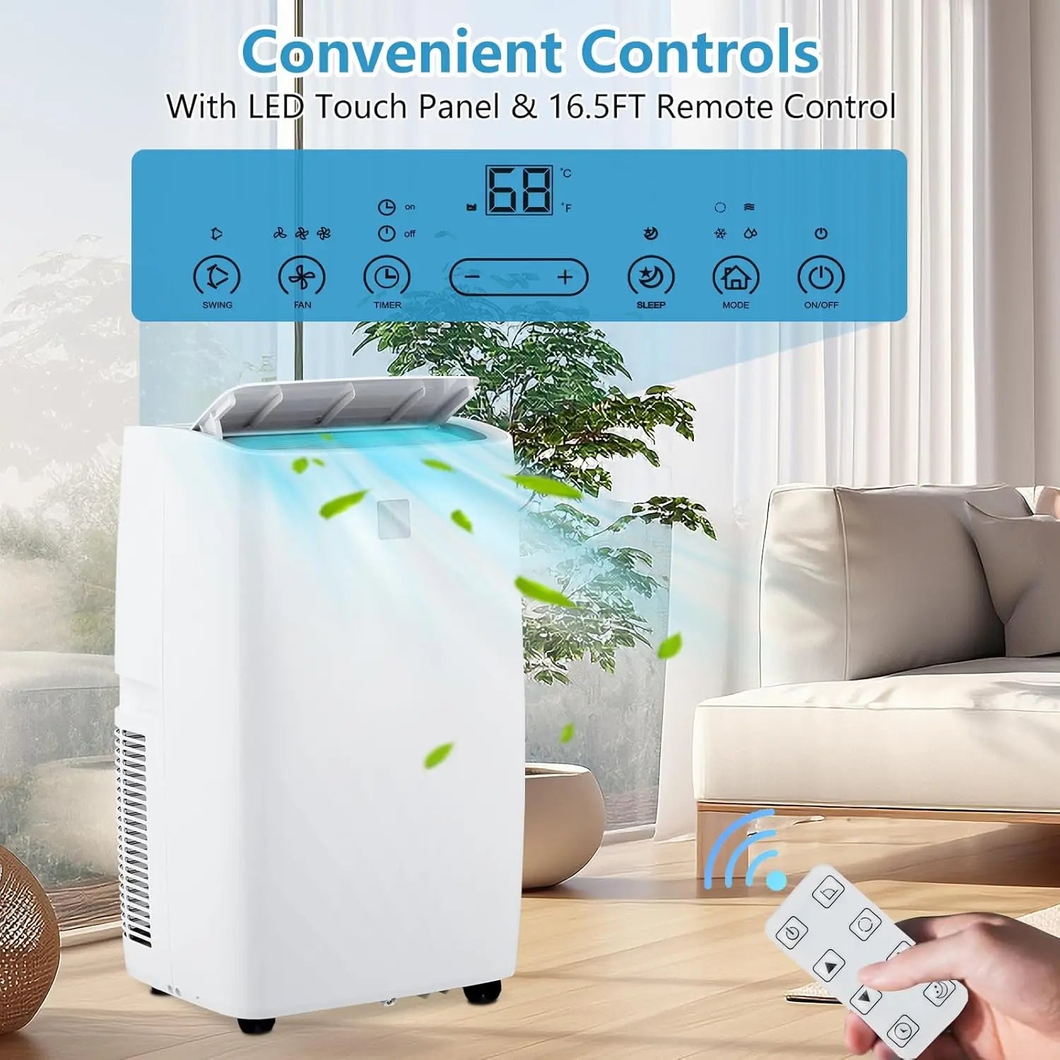 14,000 BTU Portable Air Conditioner - Smart Control Quiet 48dB 3-Speed Fan Dehumidifier 24-Hour Timer for 750 Sq. Ft.