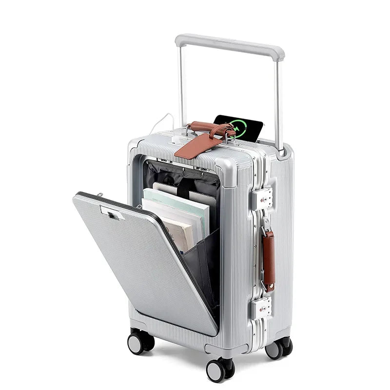 20/24/26 Inch Front Opening Pocket Suitcase Rolling Luggage Aluminum Frame Wide Handle Trolley Case with Wheel USB Charging