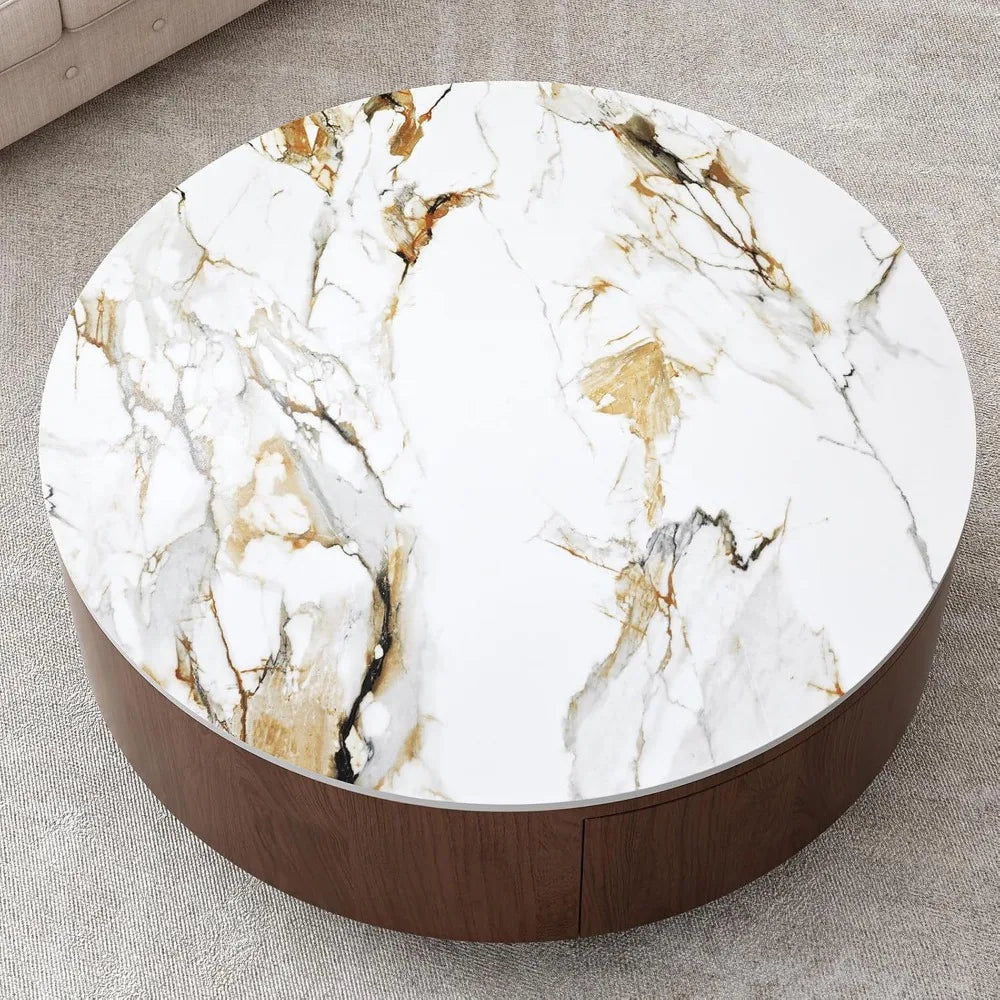 35.4-Inch Mid-Century Modern Marble Top Coffee Table with Drawers | Round Design | Solid Walnut Wood | Fully Assembled