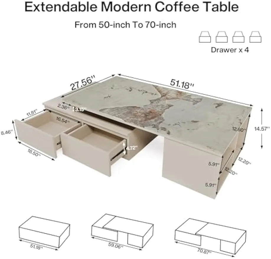 Extendable Tabletop Coffee Table with 4 Drawers & Storage Shelf, Modern from 51-Inch to 71-Inch Center Table for Living Room, F