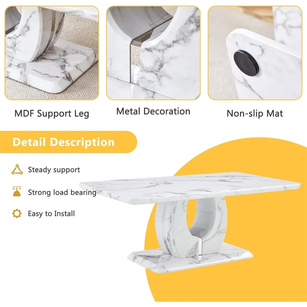 Modern Imitation Marble Coffee Table with Storage for Living Room, Rectangular Center Table with Stable Base