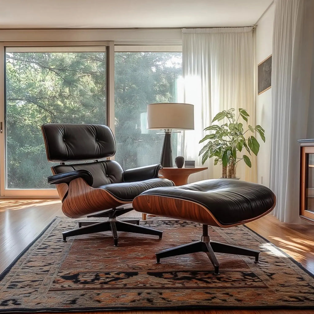 Top Black PU Leather, Mid Century Chaise Lounge Chair and Ottoman, Modern Chair Classic Design, Palisander Wood, Heavy Duty