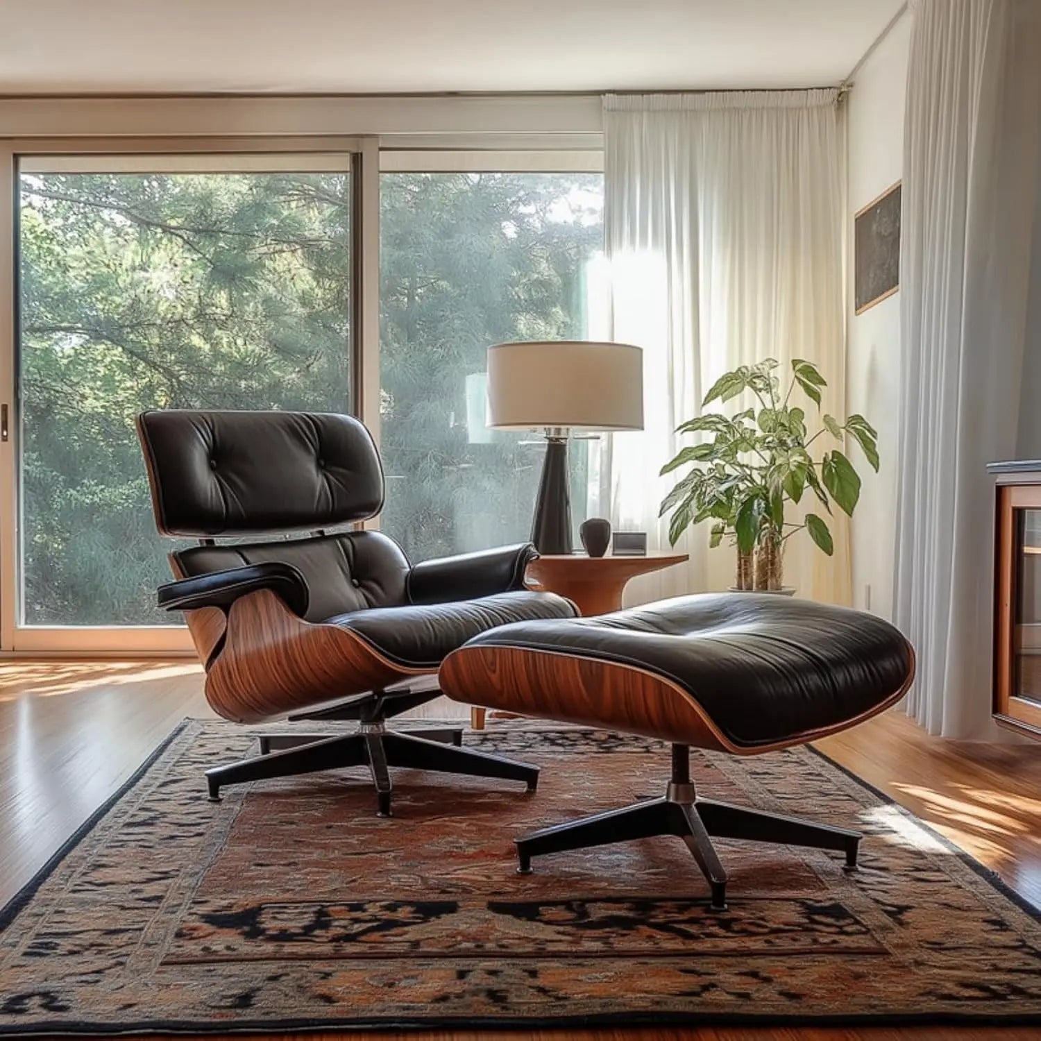 Top Black PU Leather, Mid Century Chaise Lounge Chair and Ottoman, Modern Chair Classic Design, Palisander Wood, Heavy Duty