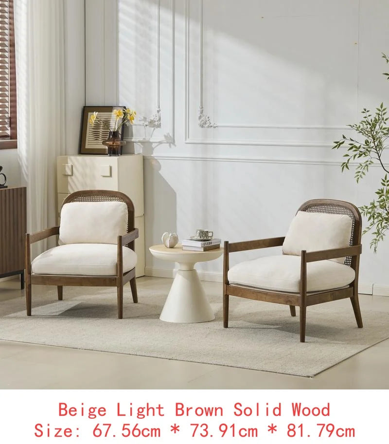 Set of 2 Mid-Century Modern Accent Chairs with Walnut Finish Solid Wood Frame and Rattan Backrest, Beige Cushions with Striped
