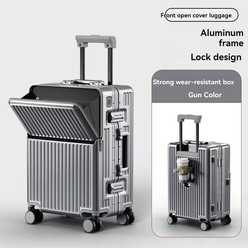 Front opening aluminum frame large capacity anti drop luggage compartment 20 inch universal wheel pull rod box 24 inch men's and