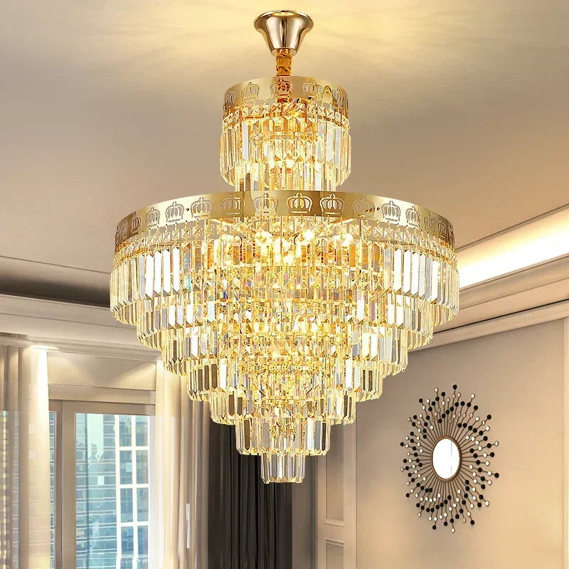 Duplex Villa with Hollow Decoration Living Room Crystal Light Jumping Floor Mid Floor Light Luxury Crystal Staircase Light