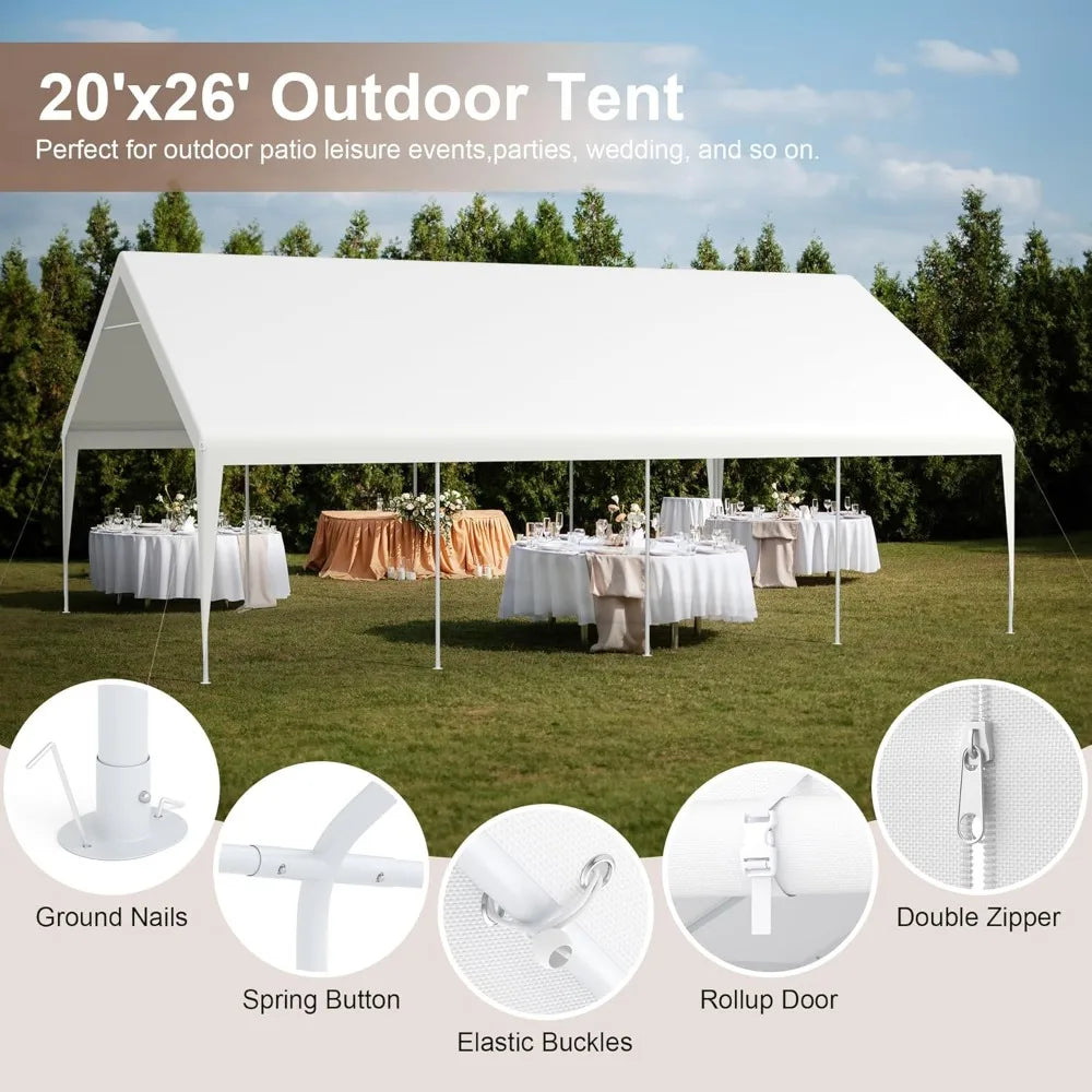 20' x 26' Heavy Duty Carport with Roll-up Visual Windows, Reinforced Party Tent with Removable Sidewalls & Doors for Parties, W