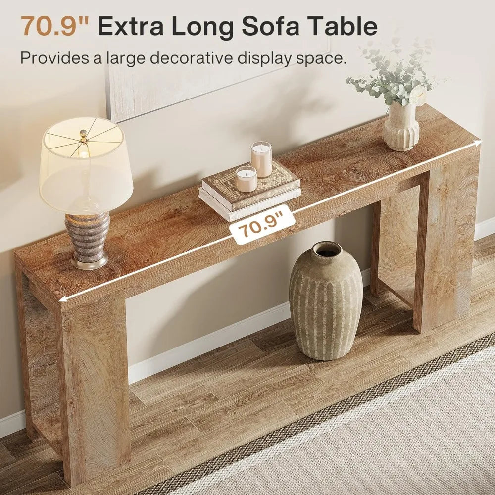 "extra long 70.9" farmhouse style console table for sofa back, narrow entryway accent"