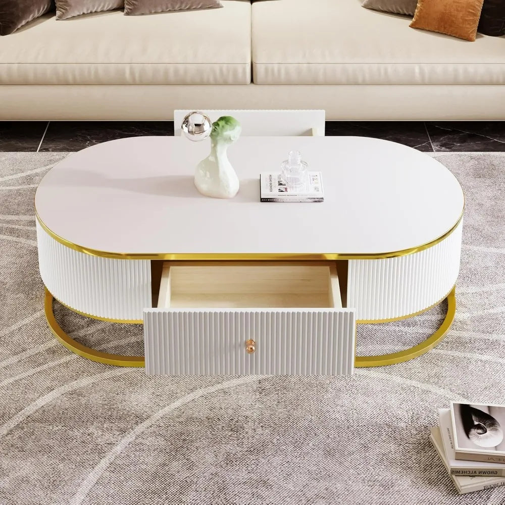 Modern Oval Coffee Table with Drawers,Curved Profile Design, Gold Metal Decor, Center Table for Living Room in 47.2"
