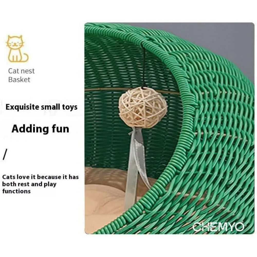 Indoor Rattan Cat House with Washable Cushion and Door Hole, Ideal for Cats and Kittens, Pet Sleeping Bed Elevation