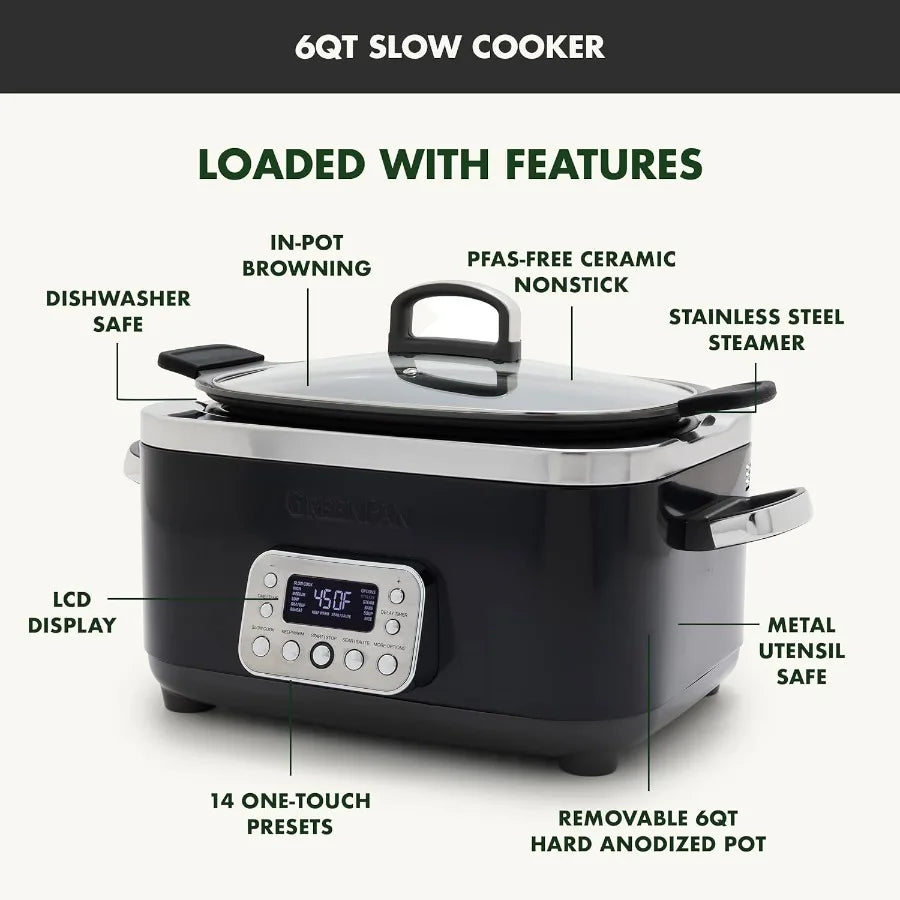 Elite 14in1 Nonstick 6QT Electric Slow Cooker PFASFree Ceramic MultiCooker with InPot Browning for Home Kitchen Dishwasher Safe