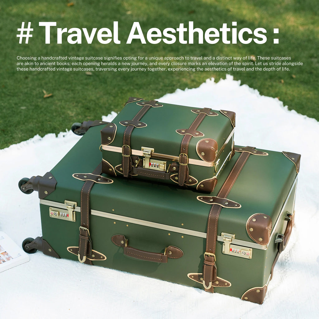 urecity Vintage Luggage Set, 3 Piece Retro trolley luggage bag,Travel Luggage with Spinner Wheels and Beauty Case (Army Green)