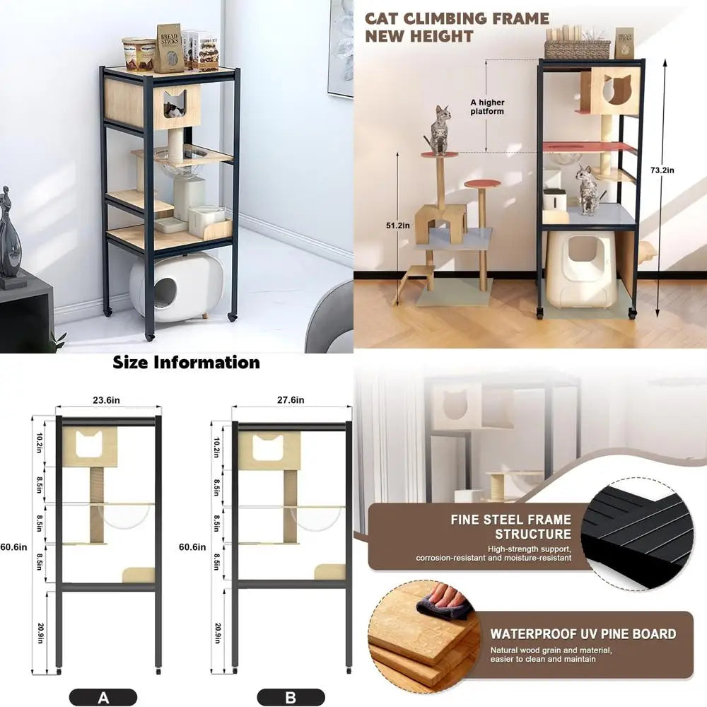 Solid Wood Indoor Cat Climbing Structure - Heavy Duty Multi-Level Cat Tree House with 360° Swivel Casters and Luxury Villa Desig