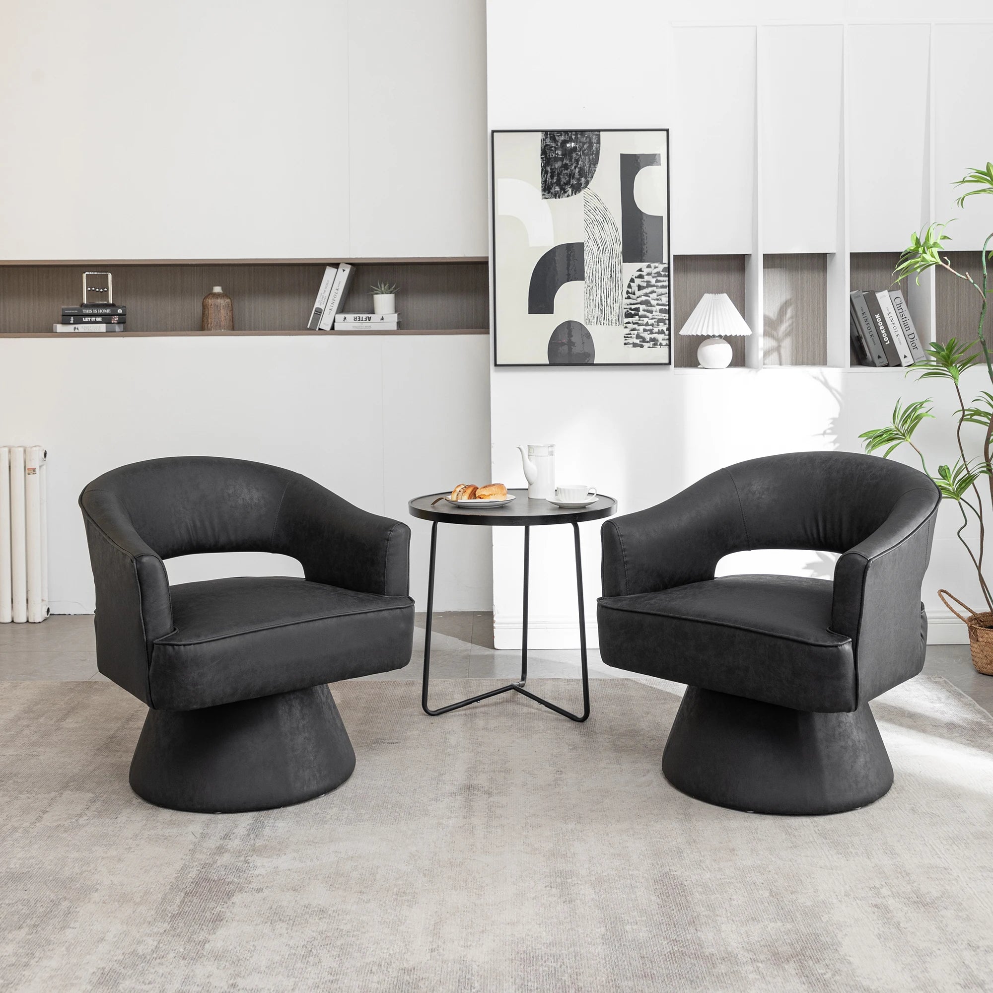 SEYNAR Modern Hollow Back PU Leather Accent Chair Set of 2, Upholstered Round Swivel Barrel Armchair for Living Room