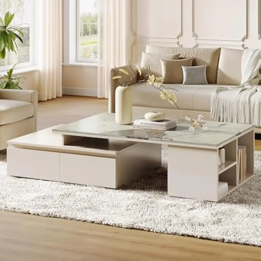 Extendable Tabletop Coffee Table with 4 Drawers & Storage Shelf, Modern from 51-Inch to 71-Inch Center Table for Living Room, F