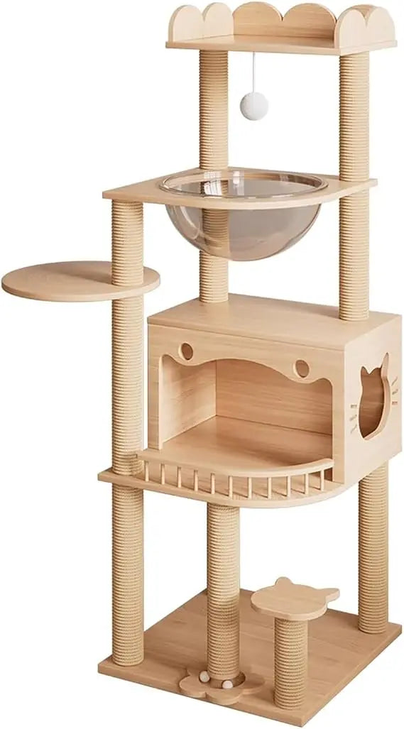 indoor cat tree house, tall and solid wood modern climbing frame for cats