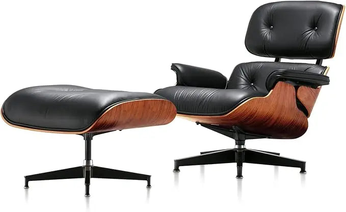 Mid Century Chaise Lounge Chair with Ottoman, Top Black Grain Leather Modern Office Chair Classic Design,Heavy Duty Base Support