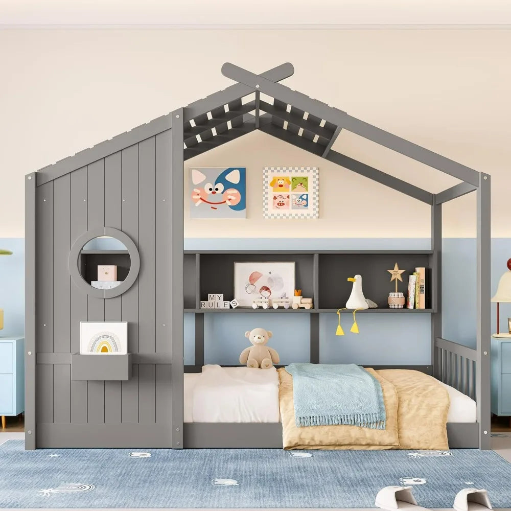 Twin-Sized Storage-Friendly Kids' Montessori Bed with Wooden House Frame and Roof for Girls
