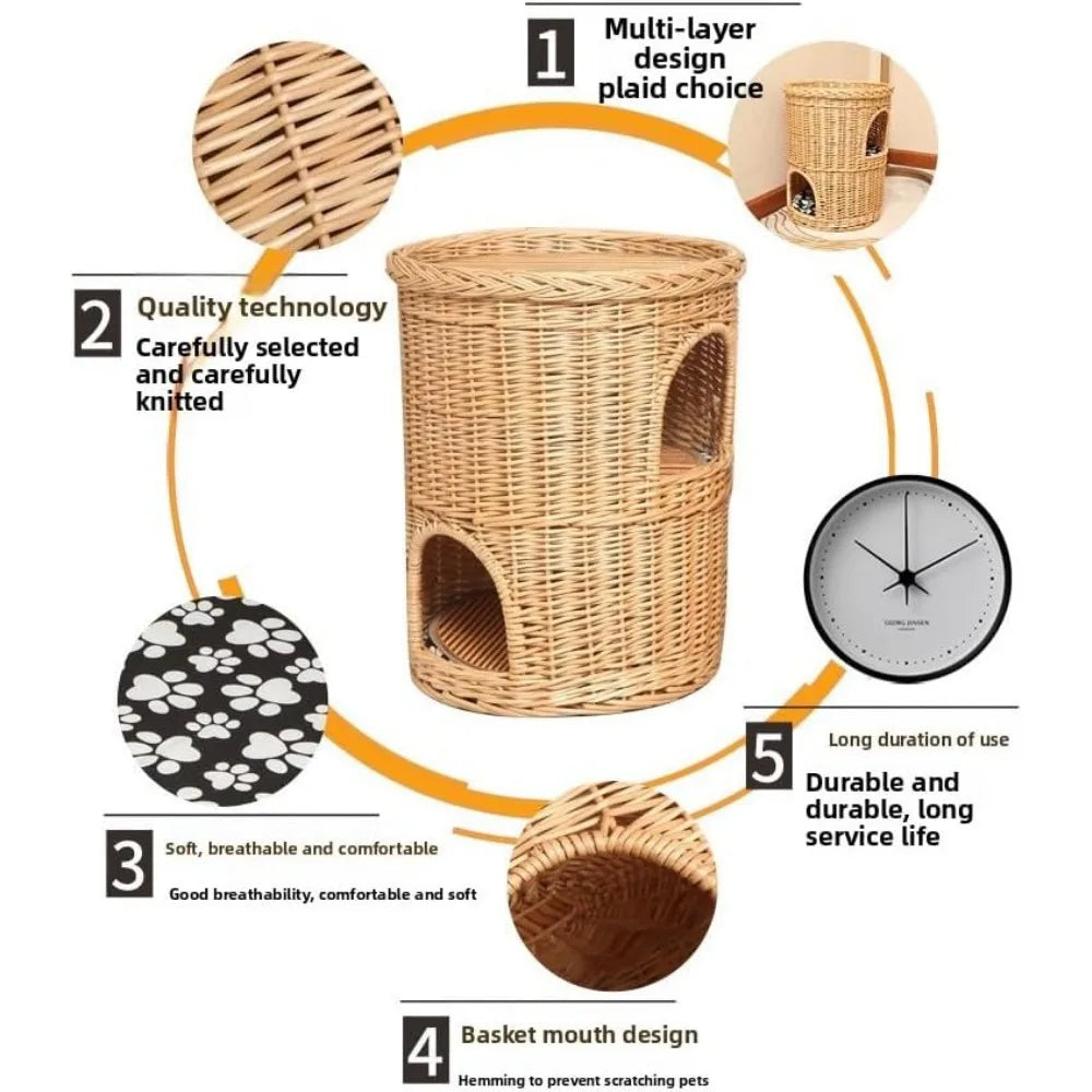 Indoor Willow Wicker Cat Tower with 2-Level Beds, Play and Sleep Furniture for Kittens, 42x42cm Pet Den and Cozy Bed
