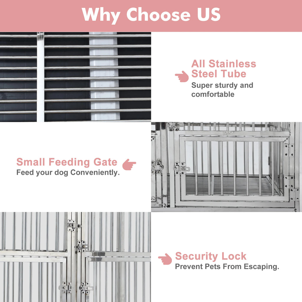 48" Heavy Duty Dog Crate Cage Kennel with Wheels, Full Stainless Steel High Anxiety Indestructible Dog Crate,Sturdy Locks Design