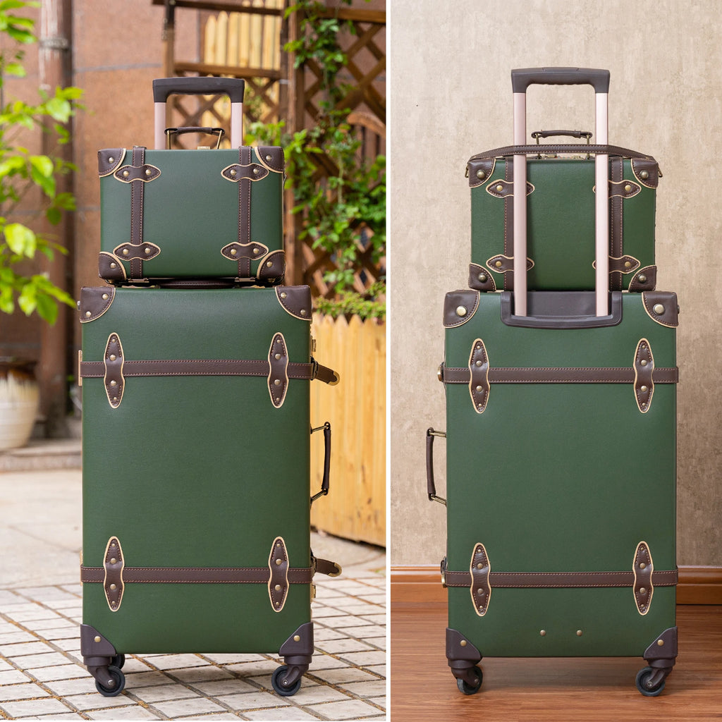 urecity Vintage Luggage Set, 3 Piece Retro trolley luggage bag,Travel Luggage with Spinner Wheels and Beauty Case (Army Green)