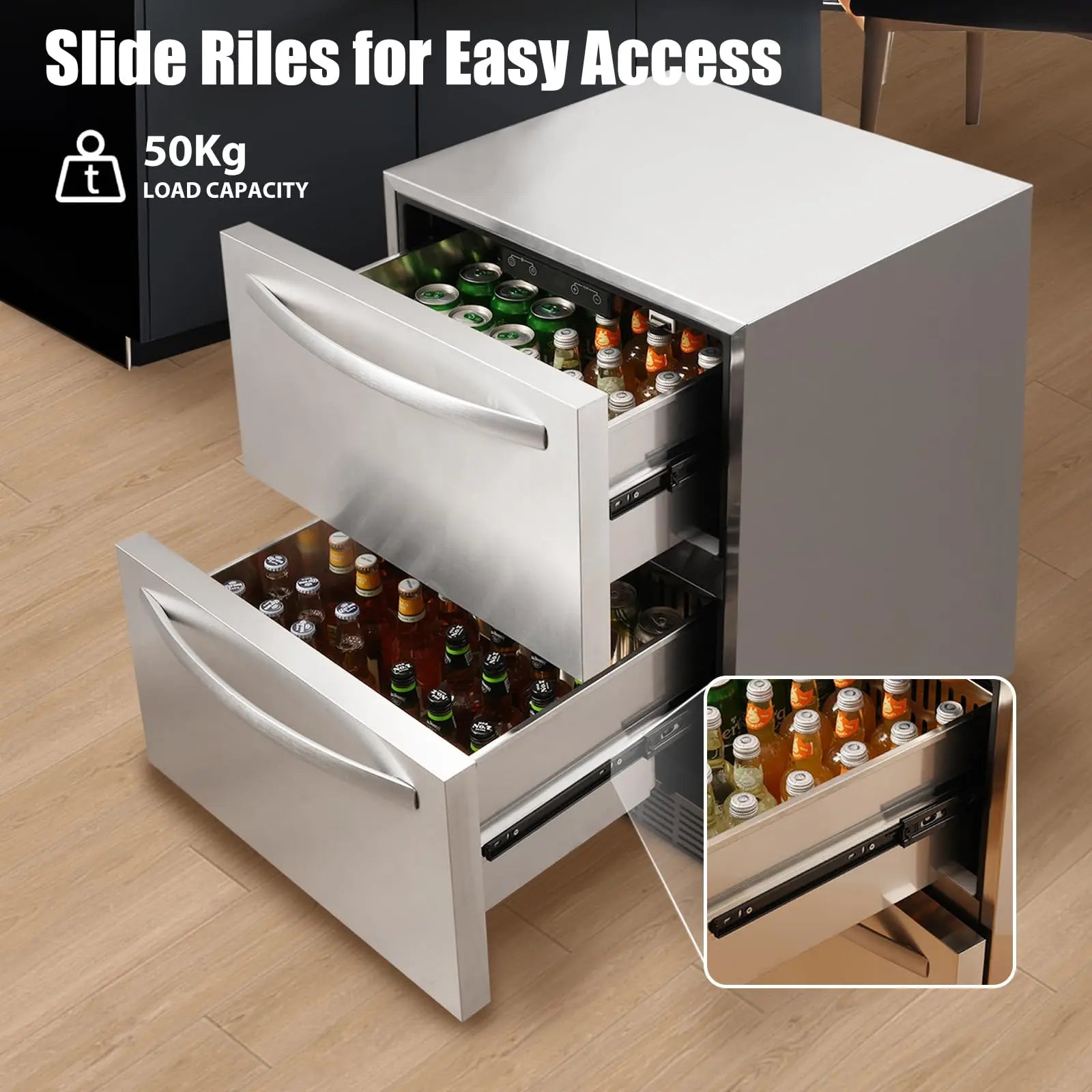 HCK 24 Inch Under Counter Double Drawer Fridge, Stainless Steel Outdoor Beverage Refrigerator for Patio, Built-in Beverage Fridg