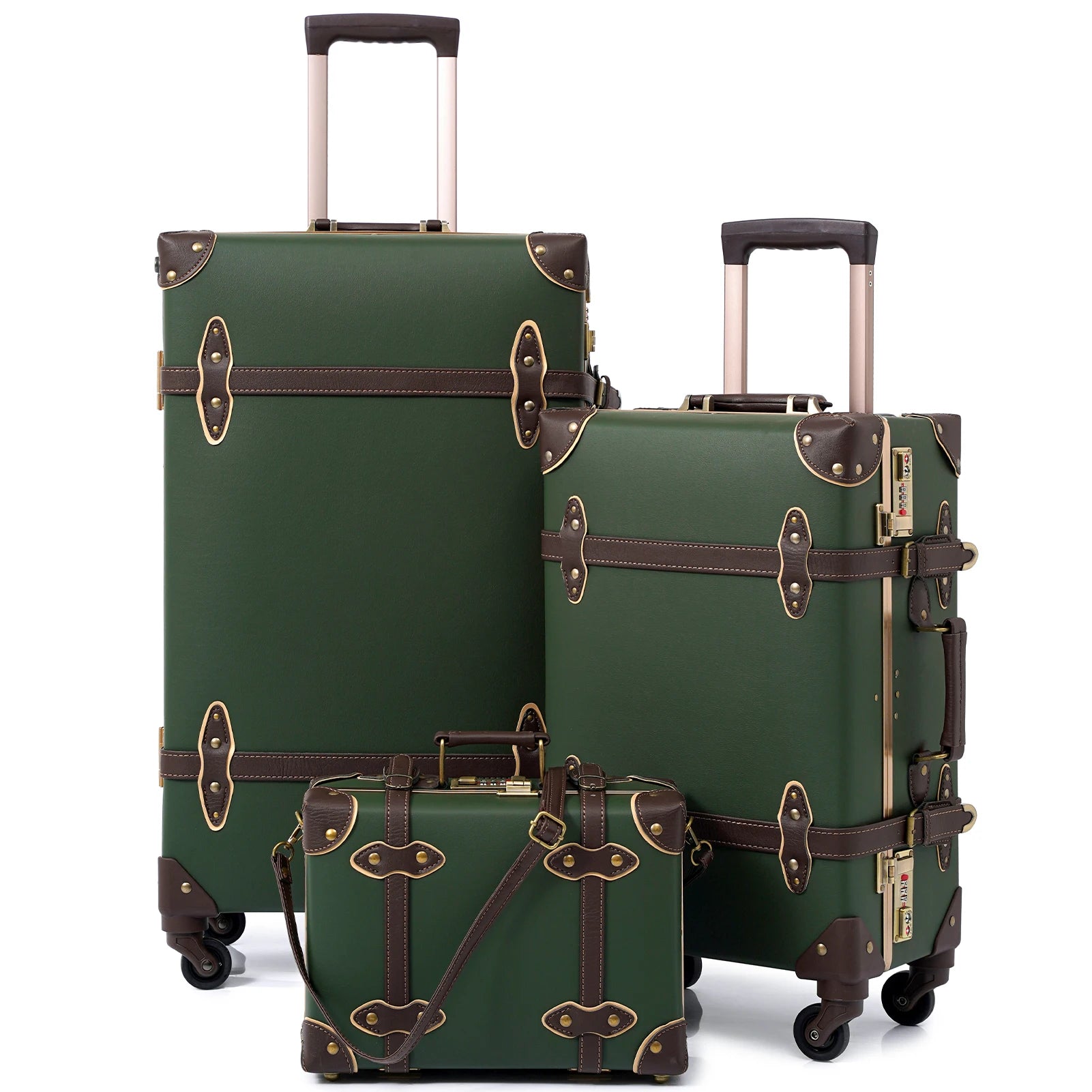 urecity Vintage Luggage Set, 3 Piece Retro trolley luggage bag,Travel Luggage with Spinner Wheels and Beauty Case (Army Green)