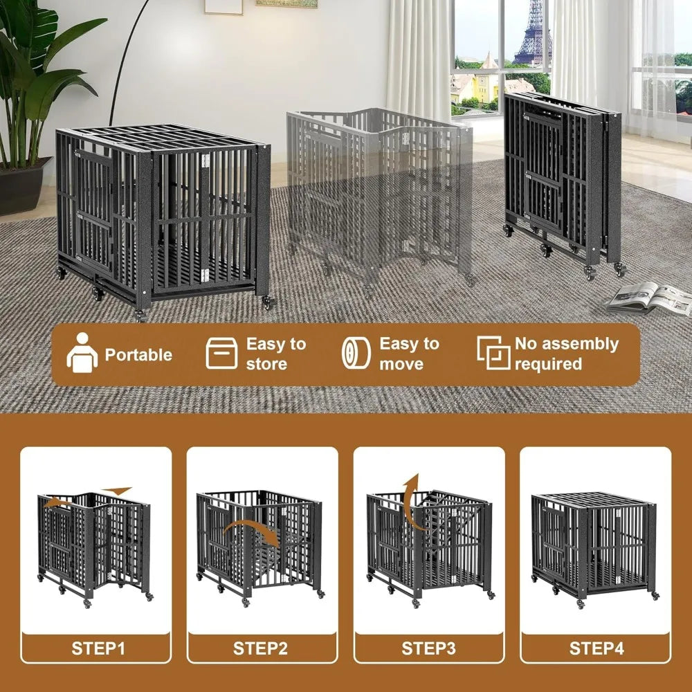 Heavy-Duty Foldable Dog Crate, Indestructible and Escape-Proof, Extra Large with Lockable Wheels, Suitable for Large Dogs