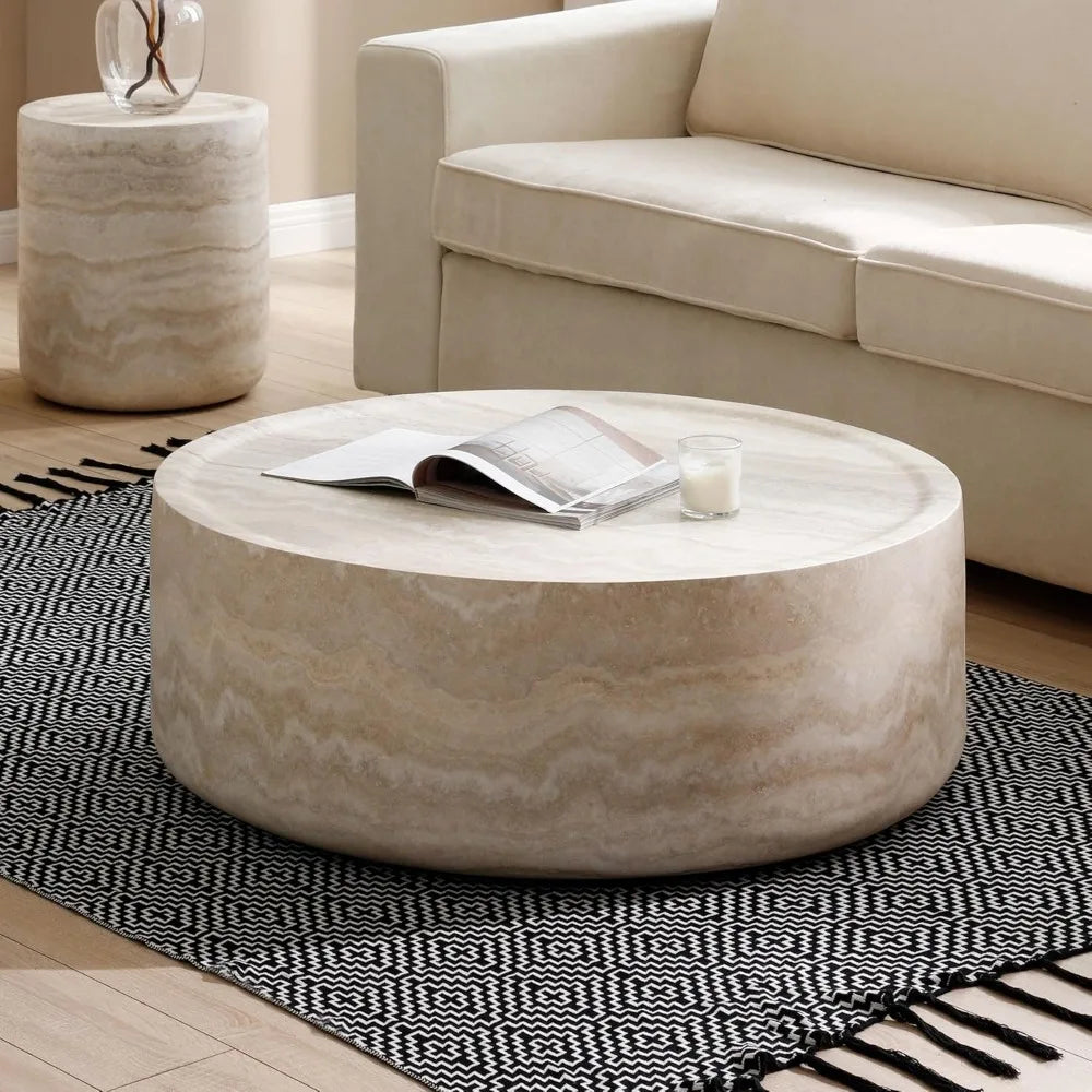 Modern Drum Style Fiberglass Coffee Table, Round Marble-Look Table for Living Spaces and Apartments