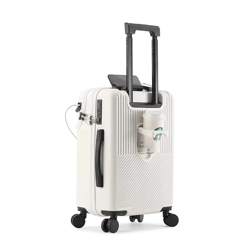 Front Opening Pocket Suitcase Travel Rolling Luggage Aluminum Alloy Trolley ABS+PC Case Bag with Spinner Wheel USB Charging Port