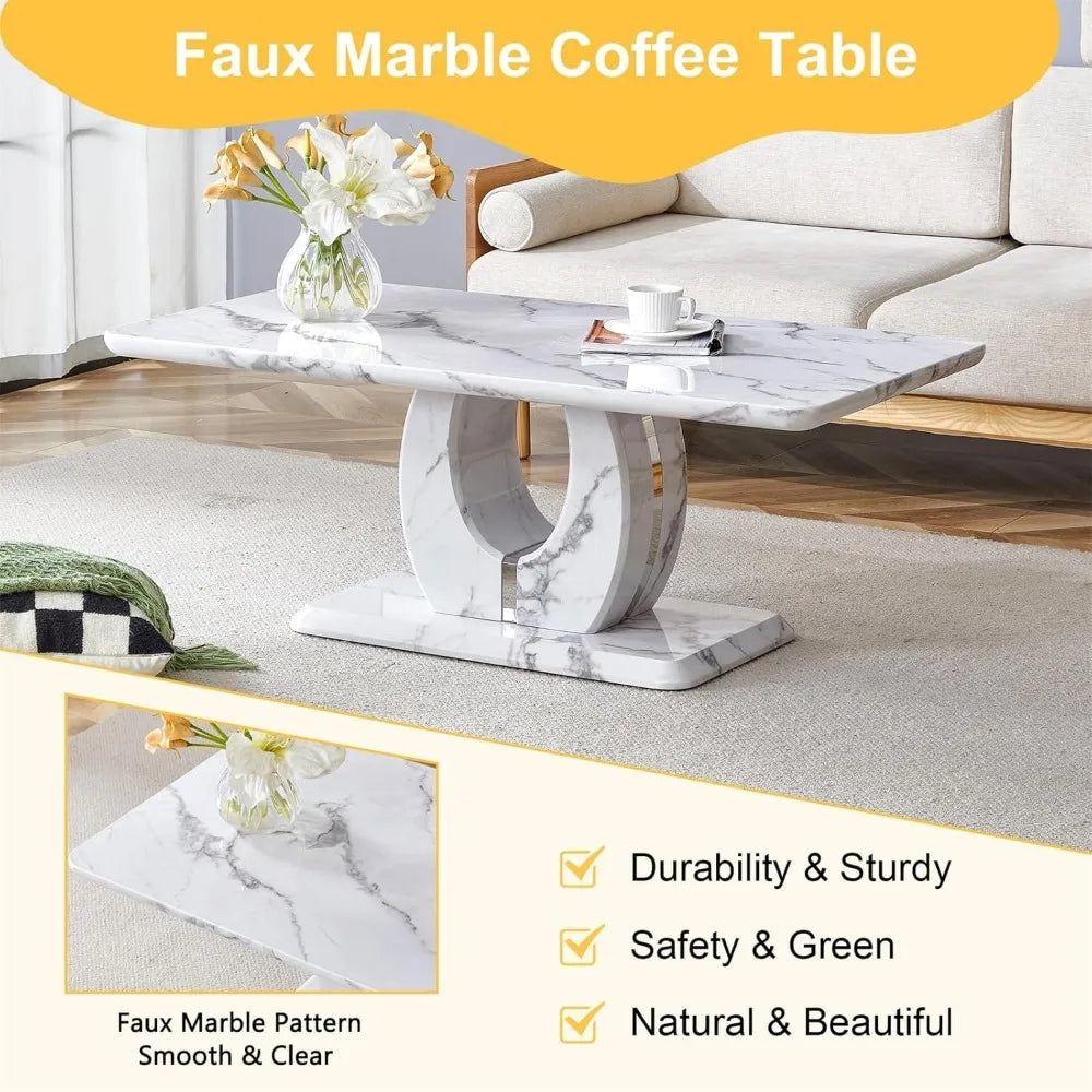 Modern Imitation Marble Coffee Table with Storage for Living Room, Rectangular Center Table with Stable Base