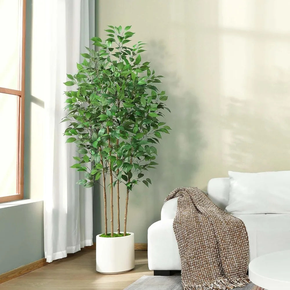 6ft Artificial Ficus Tree Fake Silk Plant for Home Office Decor Indoor Floor Plant in White Pot with Green Moss
