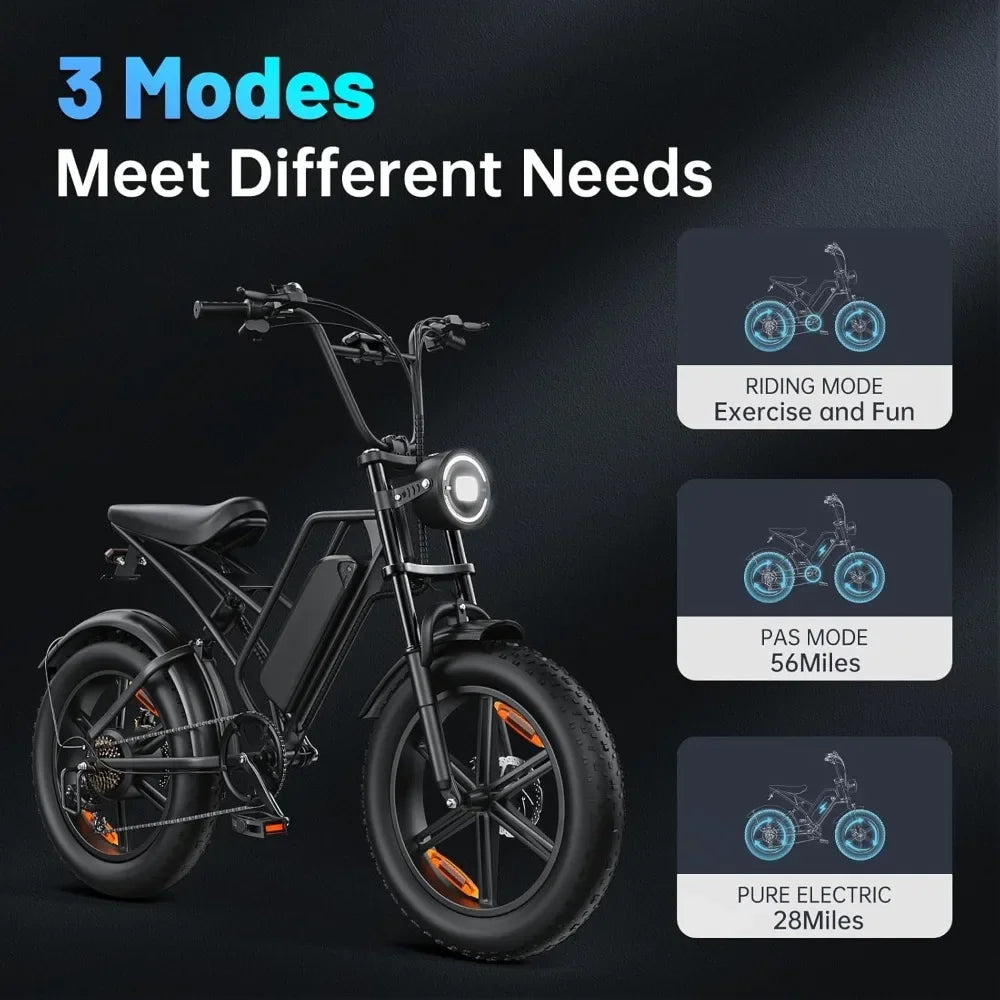 E500 Electric Bike for Adults 1000W Peak Motor, 20" Fat Tire Dirt E-Bike with 35MPH, 40 Miles PAS Range, Electric Bicycles