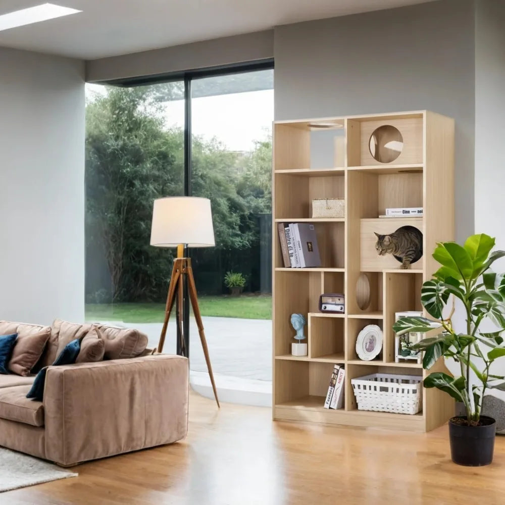 63 Cat Tree and Bookshelf Combo, Dual-Purpose Wooden Cat Tower with Litter Box Enclosure and Storage, Sleek Modern Design