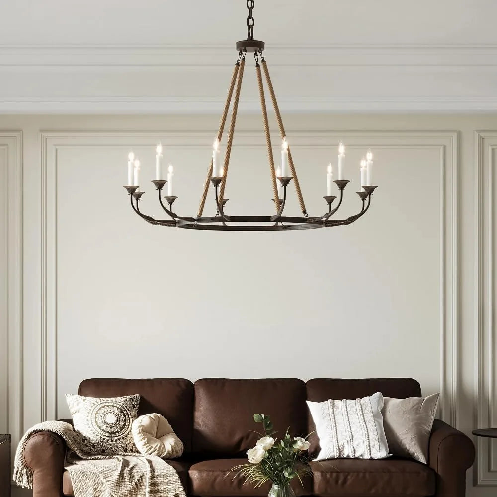Vintage Chandeliers for Dining Room 12-Light Ceiling Light Fixture Flaxen Hemp Rope and Metal Rustic Round Candelabra Chandelier