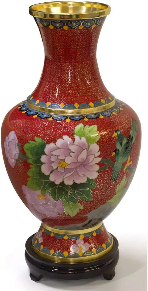 China Furniture Online Red Floral Motif Oriental Cloisonne Vase with Stand