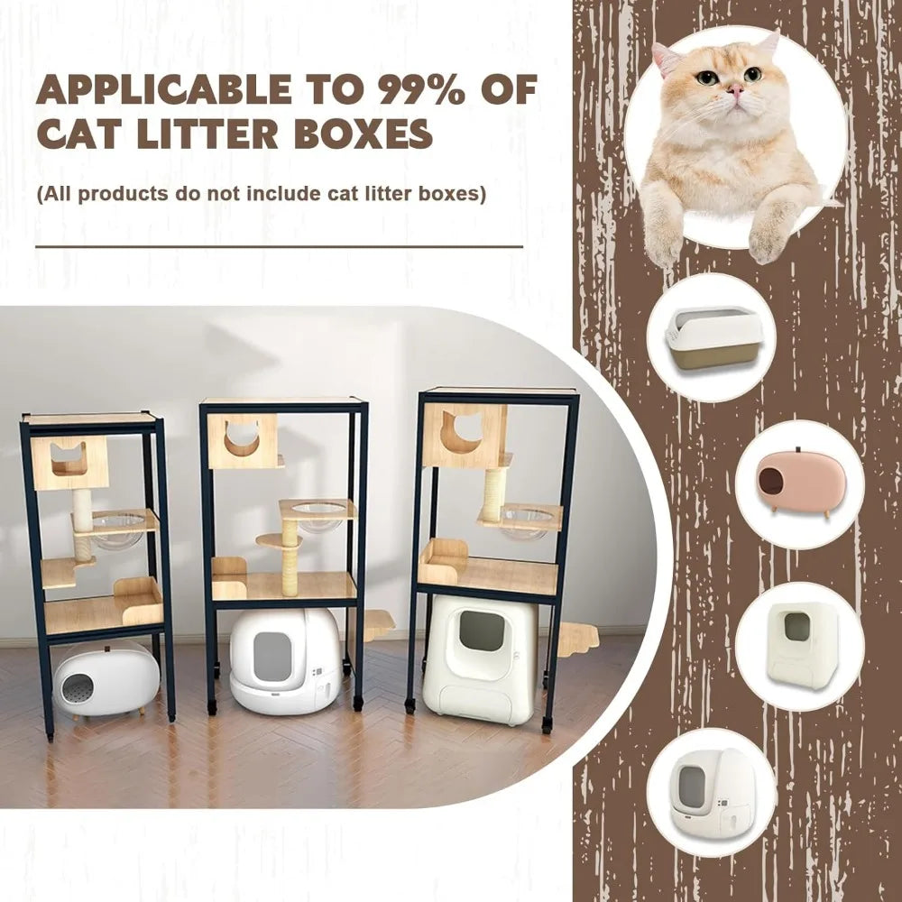 Solid Wood Indoor Cat Climbing Structure - Heavy Duty Multi-Level Cat Tree House with 360° Swivel Casters and Luxury Villa Desig