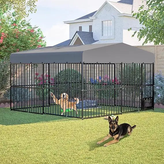 Large Outdoor Dog Cage - 10x10x6 Heavy-Duty Rust-Proof Galvanized Steel Kennel Enclosure with Barrier Fence for Secure Outdoor L