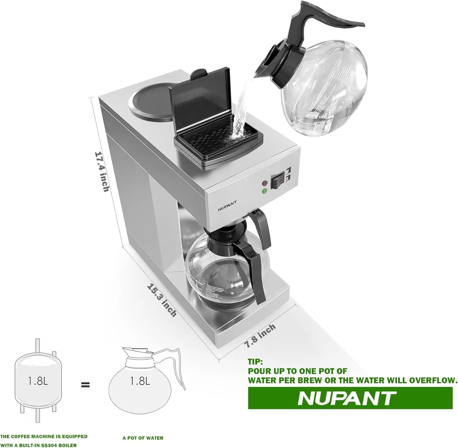 12-Cup Commercial Coffee Maker with 1.8L Glass Carafe, Stainless Steel Brew System & Warmers – Drip Coffee Machine for Cafes and