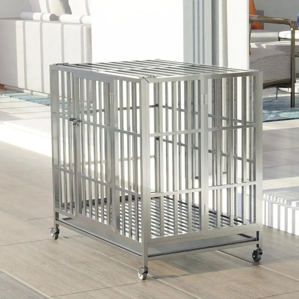 Stainless Steel Heavy Duty Dog Cage, Collapsible Metal Kennel Crate for Medium to Large Dogs, Easy Assembly Pet Pen with Lockabl