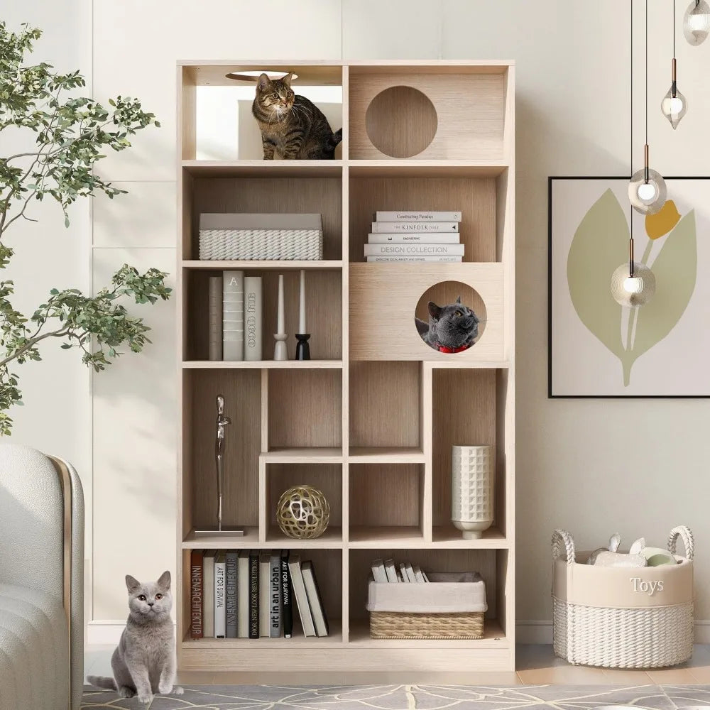 63 Cat Tree and Bookshelf Combo, Dual-Purpose Wooden Cat Tower with Litter Box Enclosure and Storage, Sleek Modern Design