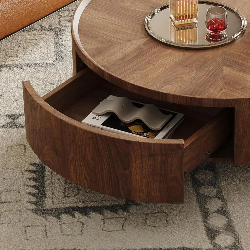 35.4" Mid-Century Modern Walnut Coffee Table with Storage Drawers | Fully Assembled | Round Corners | Elegant & Durable