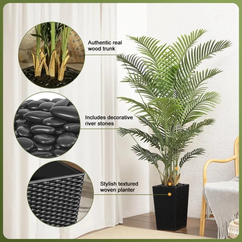 6FT Artificial Palm Tree with Black Planter & Pebbles, UV Resistant for Indoor Outdoor Decor, Large Faux Plant for Home Office