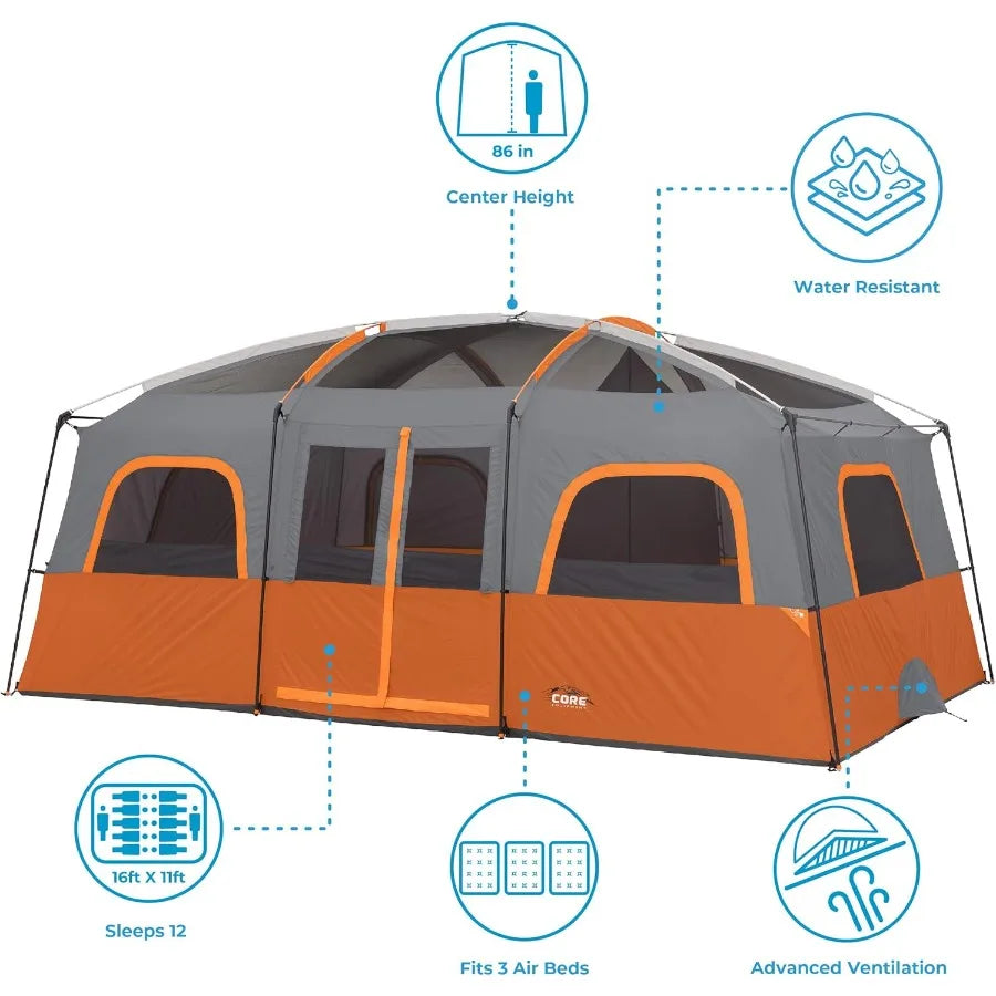 Tent for Family Camping 10 Person/ 11 Person/ 12 Person Large Multi Room Cabin Tents for Car Camping and Outdoor Adventures