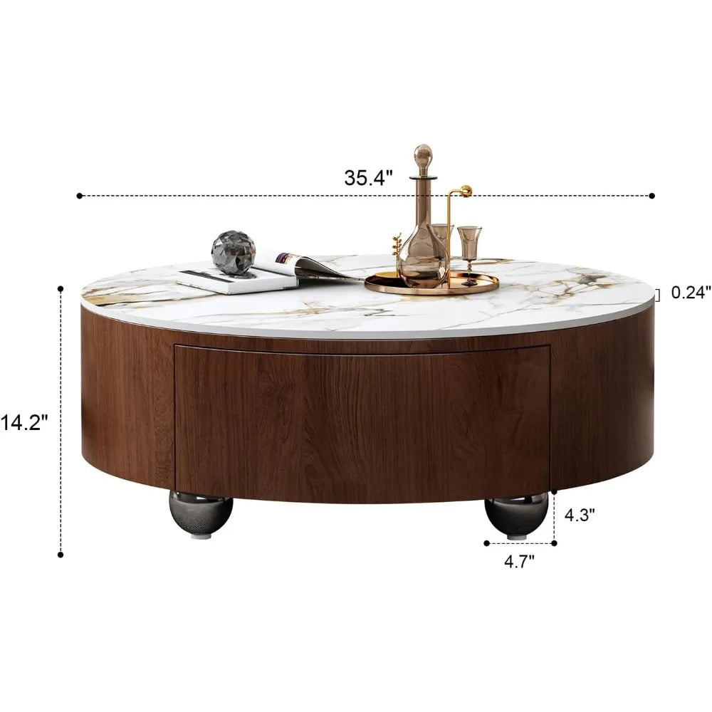 35.4-Inch Mid-Century Modern Marble Top Coffee Table with Drawers | Round Design | Solid Walnut Wood | Fully Assembled
