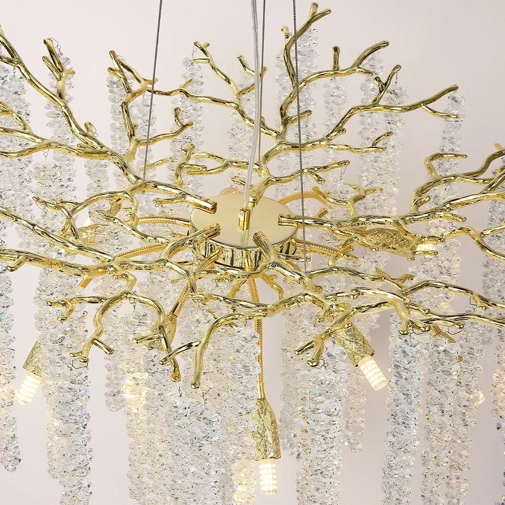 Round Gold Crystal Chandelier for Bedroom Living Room Dining Room Lounge Modern Luxury Gold Ceiling Crystal Branch Chandeliers