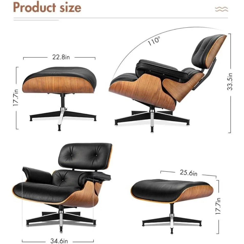 Mid Century Chaise Lounge Chair with Ottoman, Top Black Grain Leather Modern Office Chair Classic Design,Heavy Duty Base Support