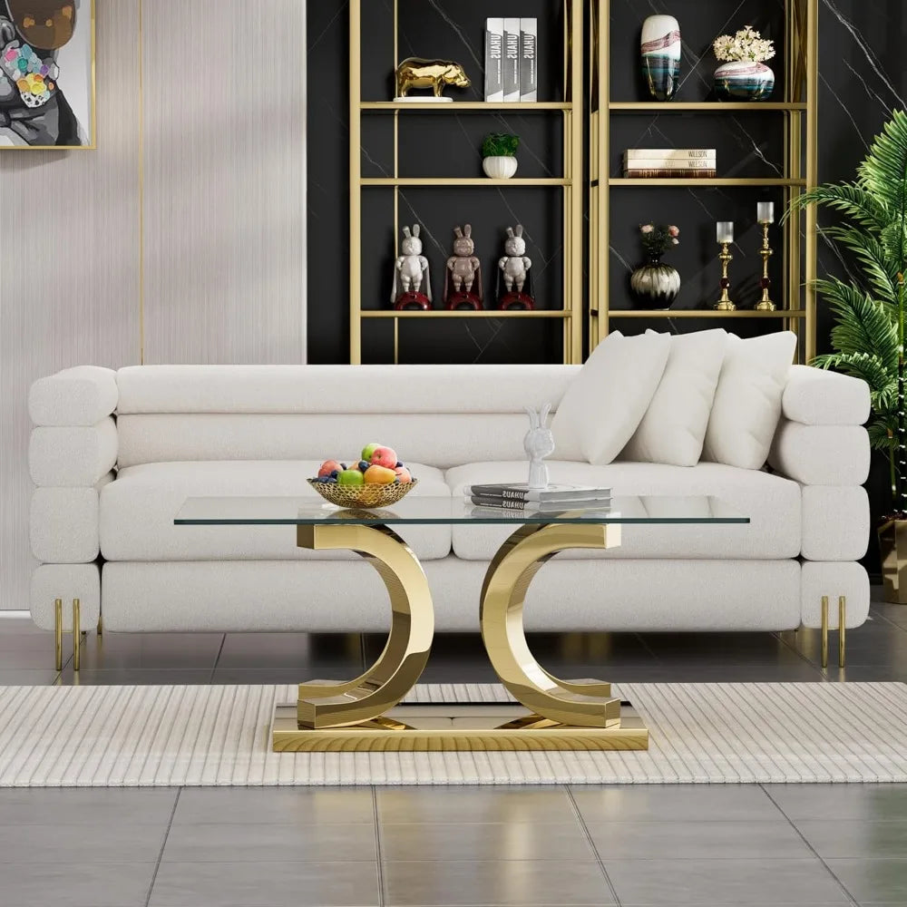 Glass Coffee Table with Gold 4C Stainless Steel Metal Leg, 47" Rectangular Clear Tempered Glass Center Stainless Steel Tea Table