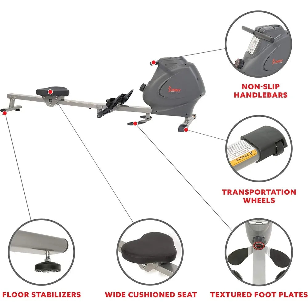 Premium Magnetic Rowing Machine by Sunny Health & Fitness with Multi-Function Exercise Options, Including Bicep Curls, Upward Ro